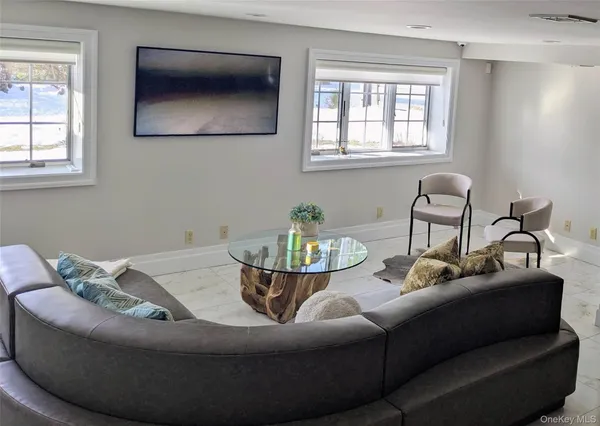 a living room with furniture and a potted plant