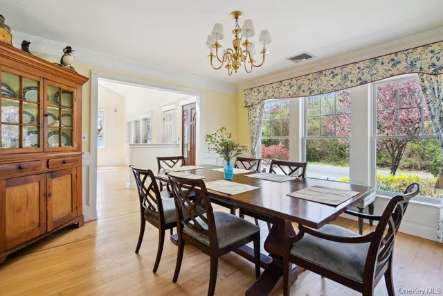 a view of a dining room with furniture large window and wooden floor