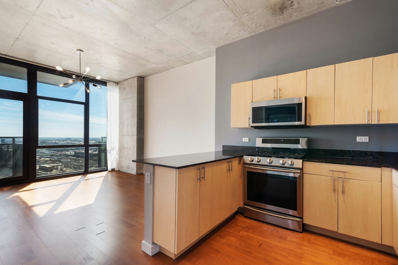235 West Van Buren Street, Unit 2905 Chicago, IL 60607 - Photo 5 of 18 a kitchen with stainless steel appliances granite countertop a stove a sink and a microwave