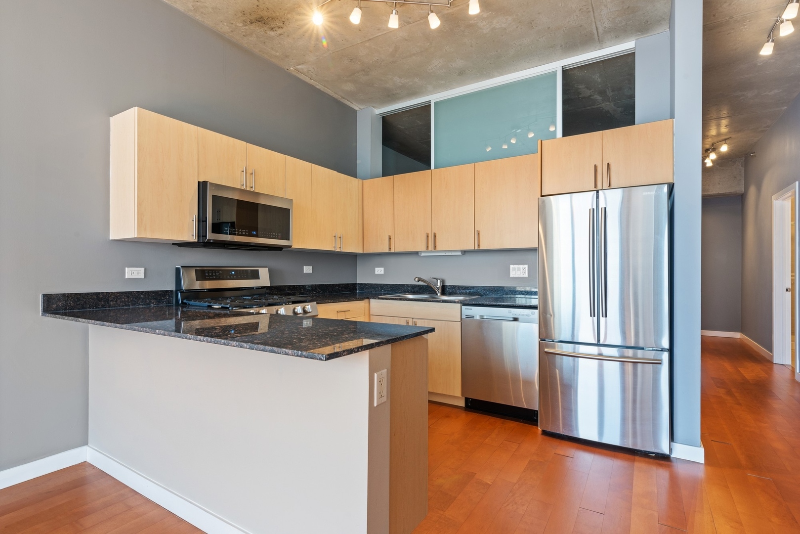 235 West Van Buren Street, Unit 2905 Chicago, IL 60607 - Photo 6 of 18 a kitchen with stainless steel appliances a refrigerator a stove a sink and a microwave