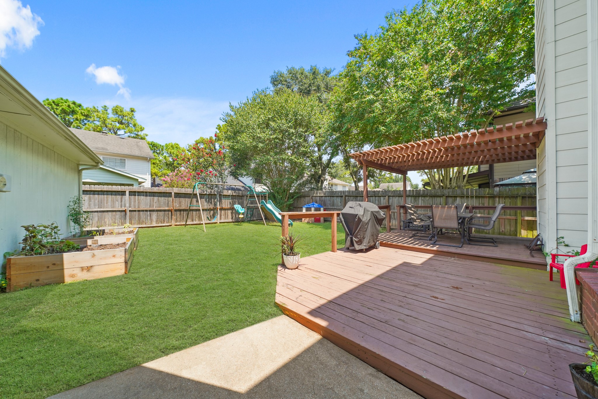 16114 Kintyre Point Road Houston, TX 77095 - Photo 32 of 39 The backyard is such a great size both entertaining, play and gardening. The partially covered deck is ready for your BBQ's and weekend fun!
