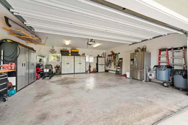 a view of a garage with storage