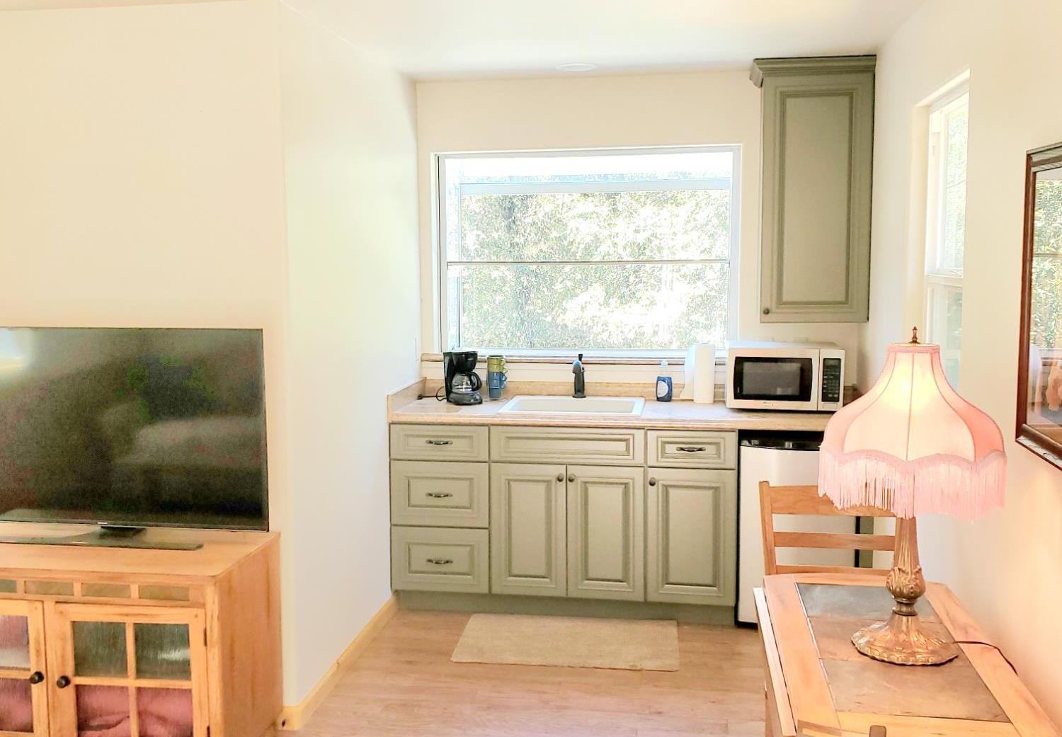 1440 Dog Bar Road Colfax, CA 95713 - Photo 79 of 93 Guest house/ADU kitchen with light wood-style flooring, light countertops, recessed lighting, microwave oven and refrigerator.