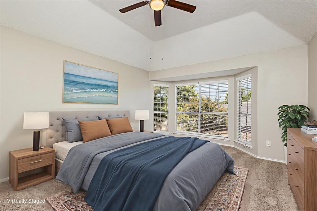 7100 Layla Road Arlington, TX 76016 - Photo 11 of 19 Virtually staged-Bedroom with light carpet and ceiling fan