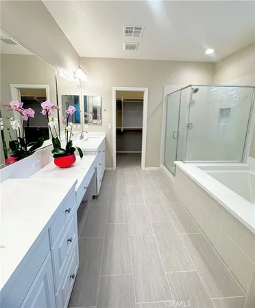 a bathroom with a double vanity sink a mirror and shower