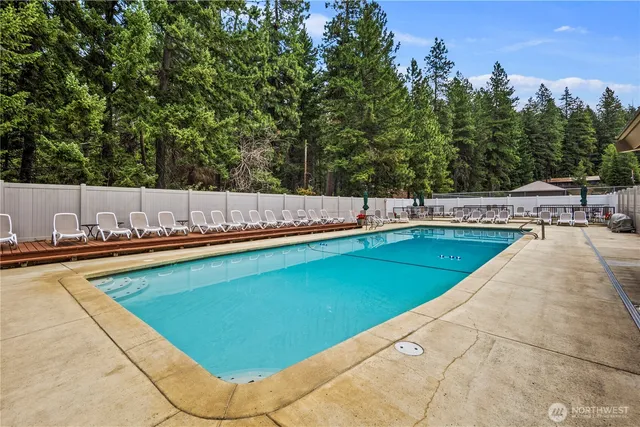 a view of a swimming pool with outdoor seating and yard