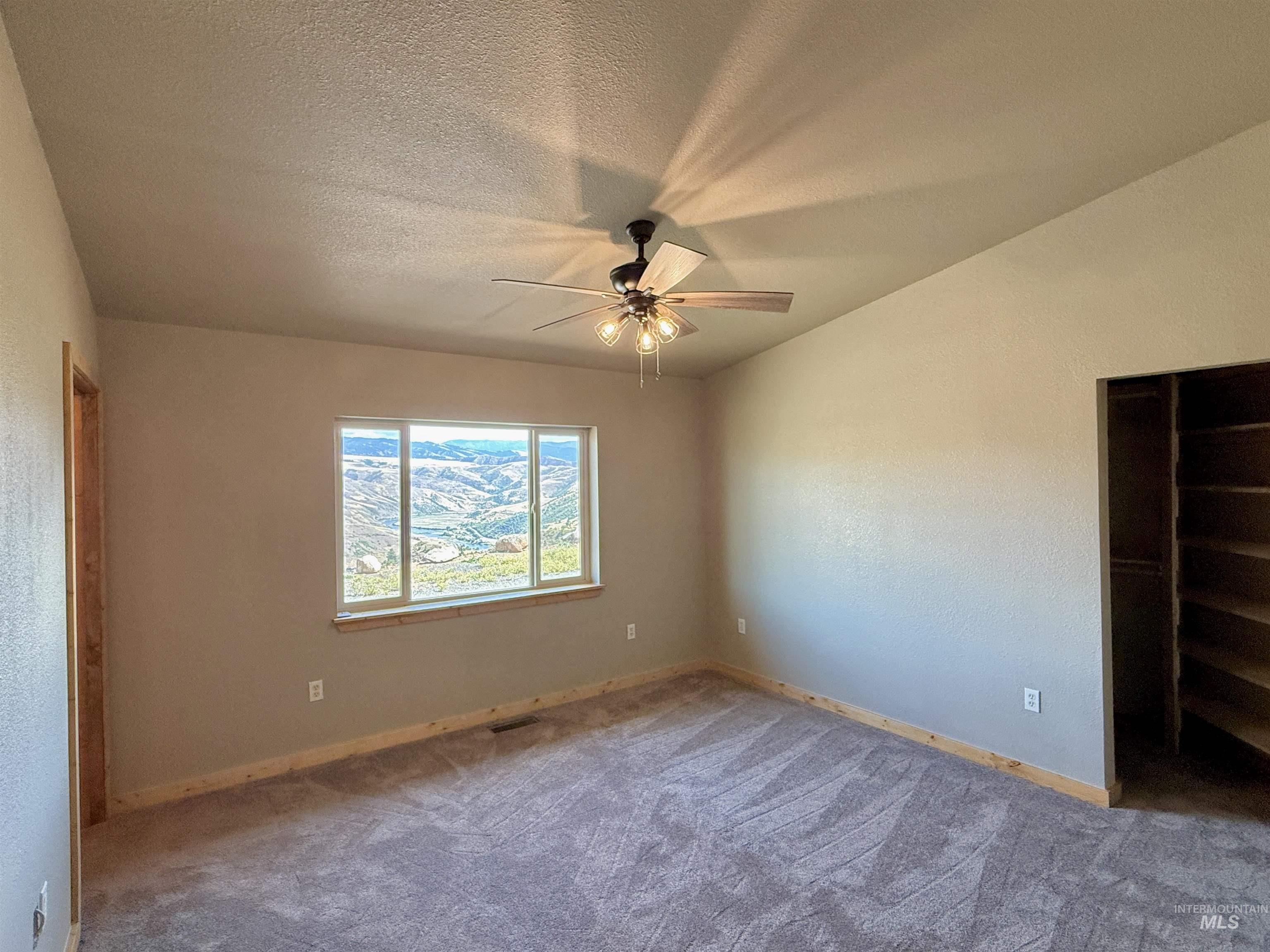 150 Buck Boulevard White Bird, ID 83554 - Photo 18 of 45 Unfurnished bedroom with carpet, a textured ceiling, a textured wall, and ceiling fan