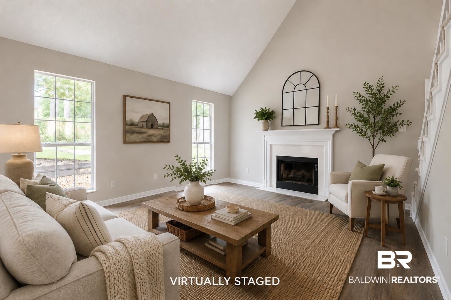 101 Lawson Road Daphne, AL 36526 - Photo 9 of 20 Virtually Staged. Living room featuring a vaulted ceiling, a white mantel fireplace, wood-finish flooring, and multiple windows