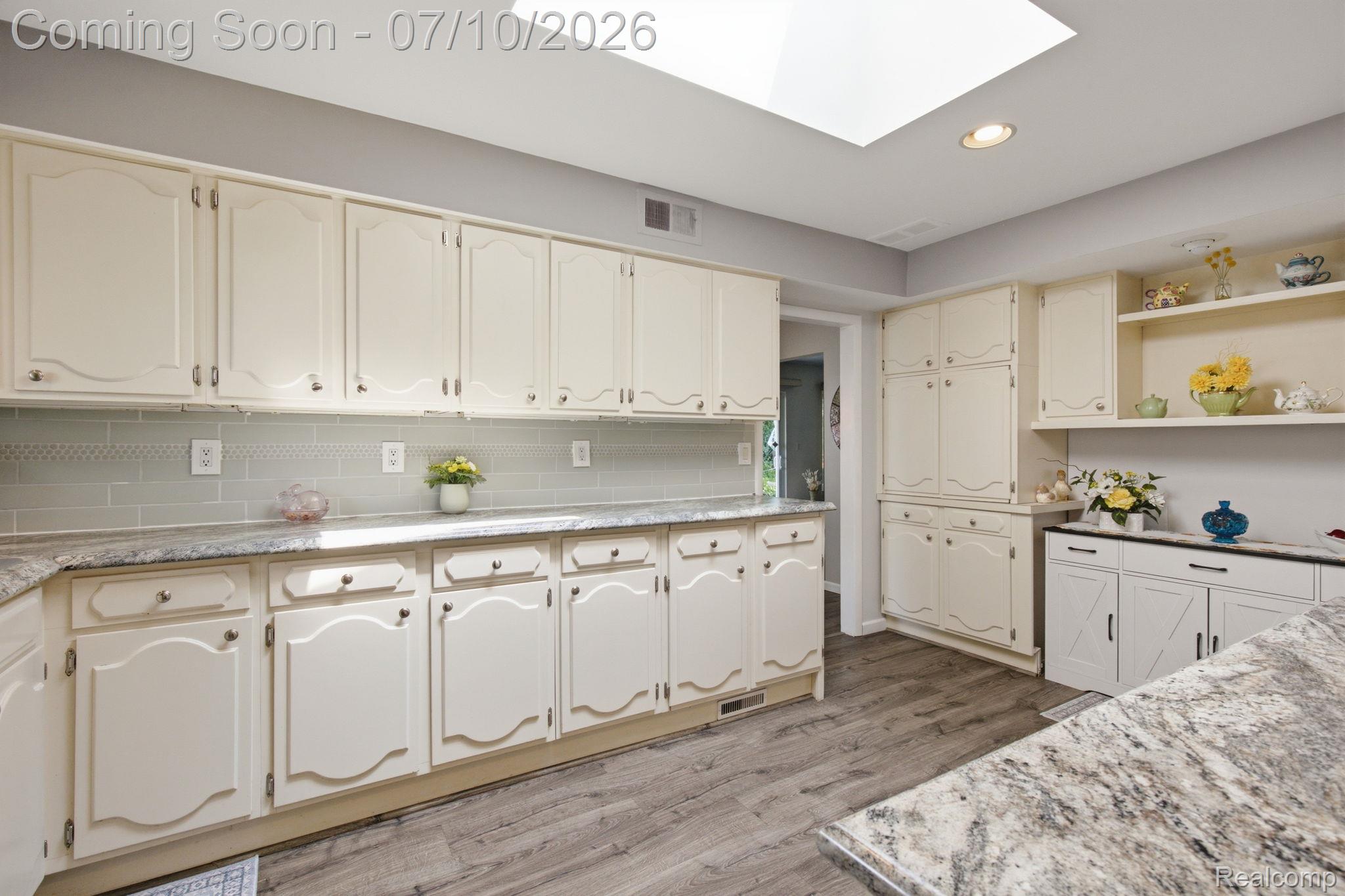 1501 River Road, Unit 301 St. Clair, MI 48079 - Photo 10 of 32 Kitchen featuring extensive cabinetry, granite countertops, a tiled backsplash, wood-finish flooring, and a skylight
