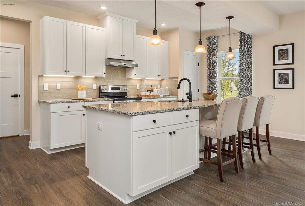 7105 Messina Road, Unit 127 Indian Land, SC 29707 - Photo 7 of 13 a kitchen with stainless steel appliances granite countertop a stove a sink dishwasher a refrigerator white cabinets with wooden floor