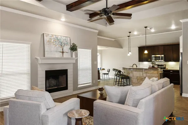 a living room with furniture and a fireplace