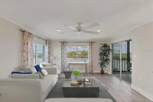 a living room with furniture and potted plants