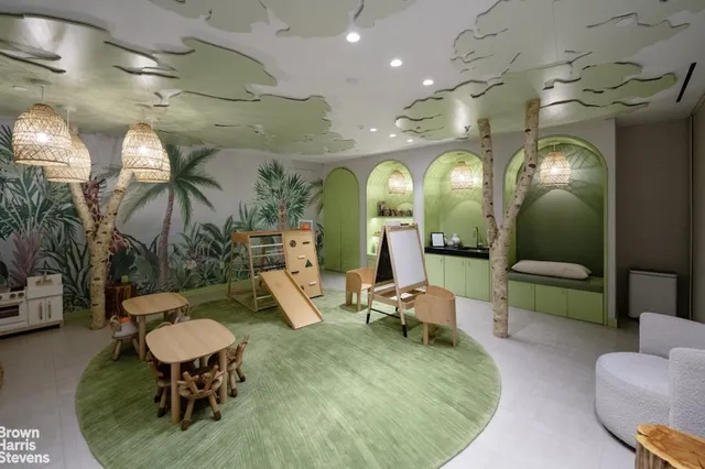 a living room with furniture and potted plants