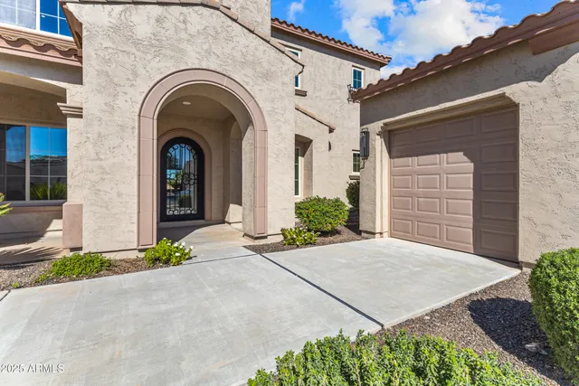 a front view of a house with garage and plants