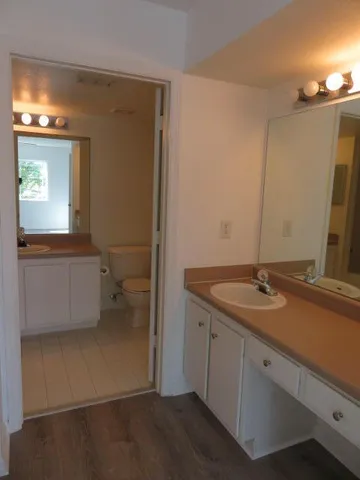 a bathroom with a granite countertop sink and a mirror