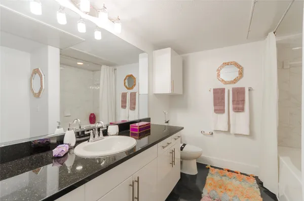 a bathroom with a granite countertop sink a toilet and a mirror