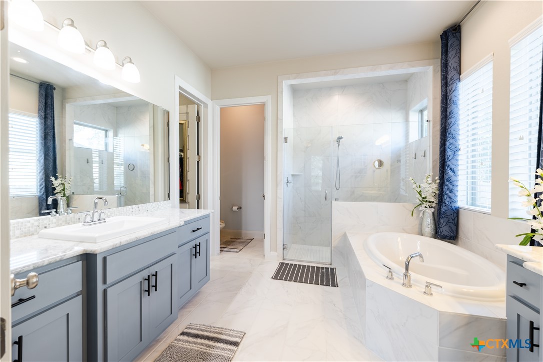264 Axis Loop Georgetown, TX 78628 - Photo 18 of 33 a spacious bathroom with a tub sink shower and a mirror