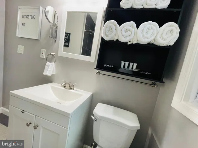 a bathroom with a sink mirror and toilet