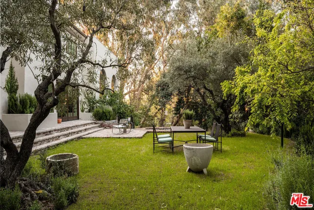 a view of a backyard with swimming pool