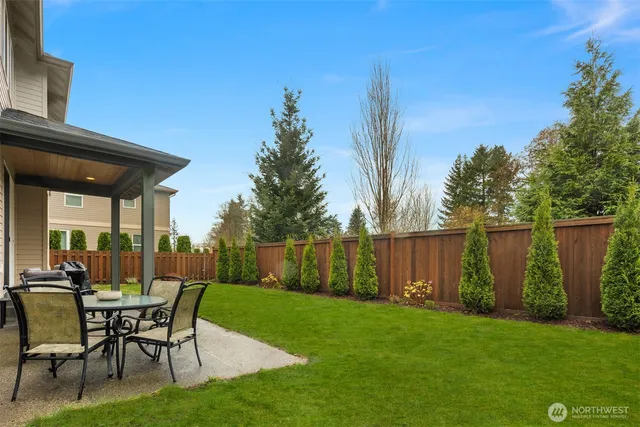 a view of a backyard with large trees and wooden fence