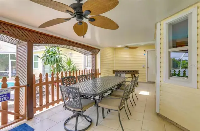 a view of a dining room with furniture window and outside view