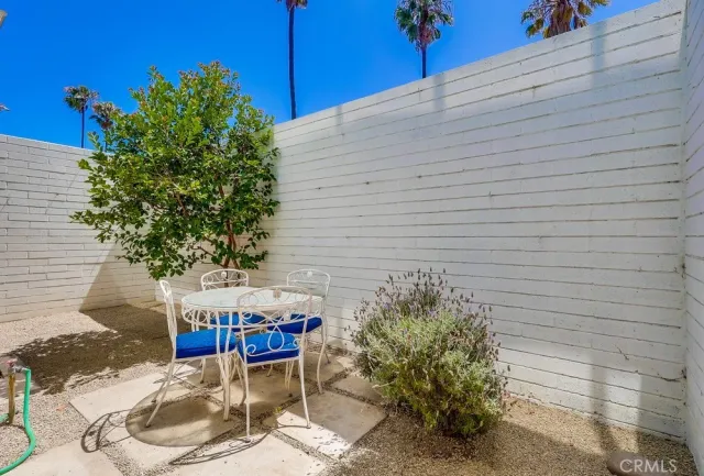 a view of a backyard with plants and a patio