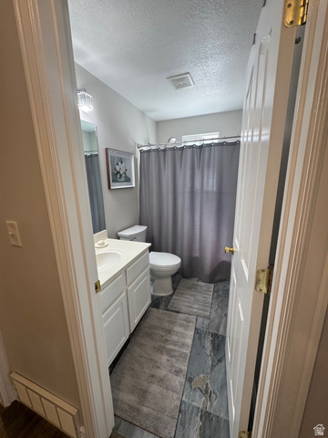 1976 River Bottom Road Springville, UT 84663 - Photo 29 of 45 Bathroom featuring a single vanity with storage, a toilet, a shower/tub combination with a shower curtain, and dark-toned tile flooring