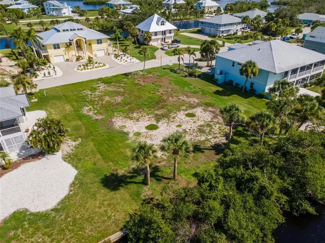 an aerial view of residential houses with outdoor space and trees all around