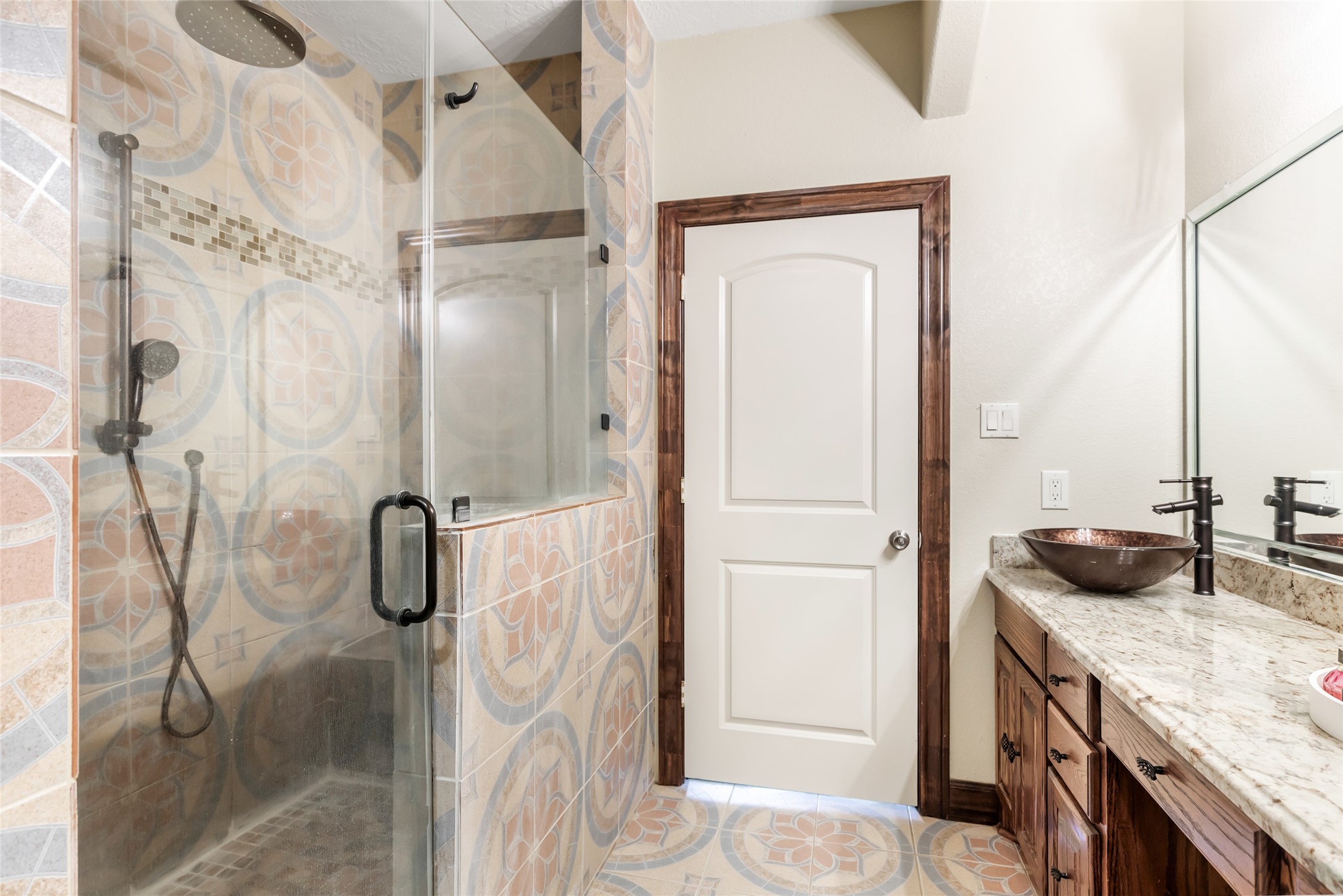 15123 Lindstrom Road Crosby, TX 77532 - Photo 25 of 39 a bathroom with a granite countertop shower a sink and a mirror