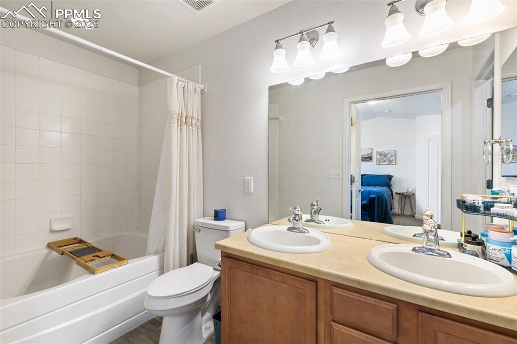 997 Burning Bush Point Monument, CO 80132 - Photo 24 of 34 a bathroom with a sink a toilet a mirror a lamp and vanity