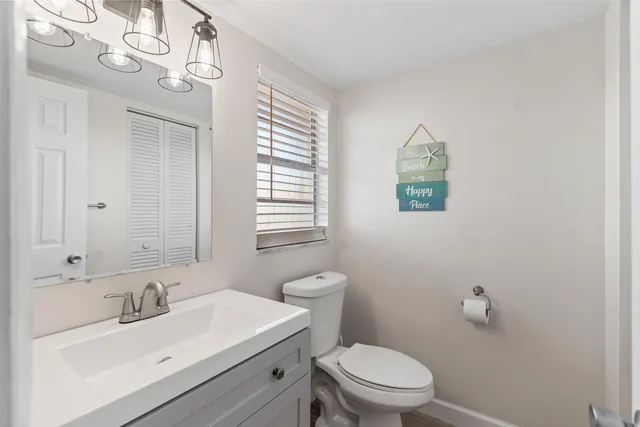 a bathroom with a sink a toilet and mirror