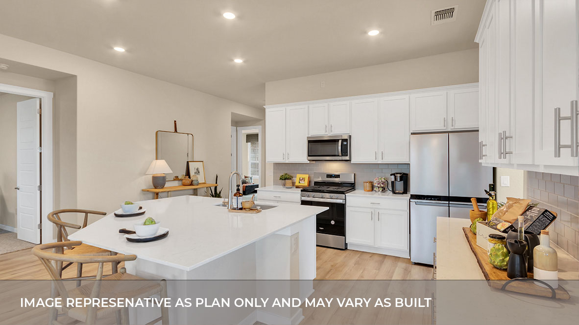 1921 Lazy Acrs Street Leander, TX 78641 - Photo 15 of 40 a kitchen with stainless steel appliances granite countertop a sink a stove a refrigerator cabinets and living room view