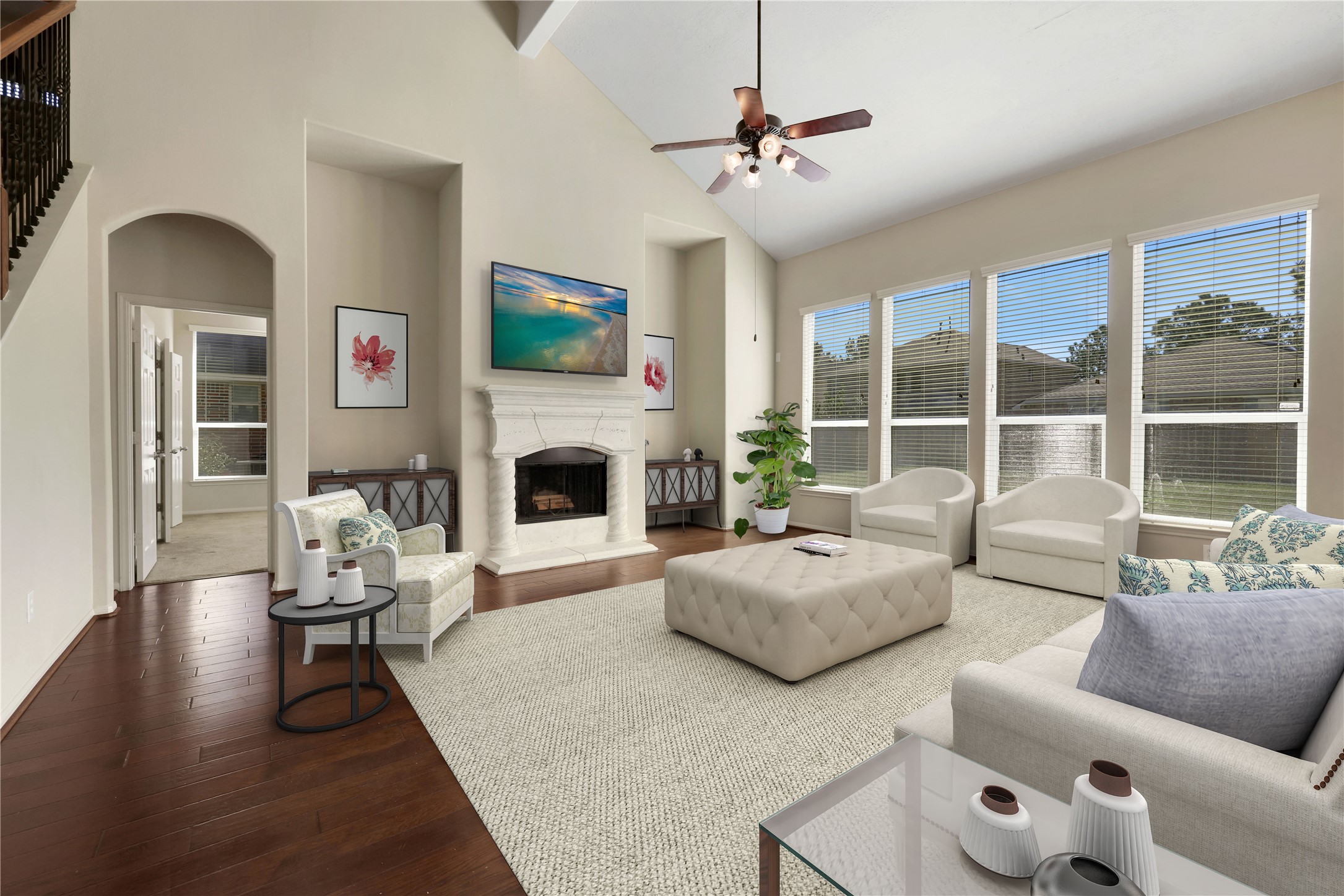 19815 Stanton Lake Drive Cypress, TX 77433 - Photo 4 of 50 a living room with furniture large window and a fireplace