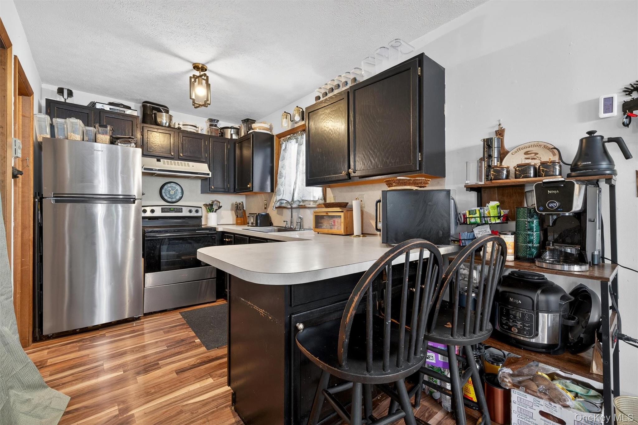 3111 Cherry Ridge Road Bushkill, PA 18324 - Photo 11 of 29 Kitchen featuring appliances with stainless steel finishes, a peninsula, dark brown cabinetry, light wood-style floors, and light countertops