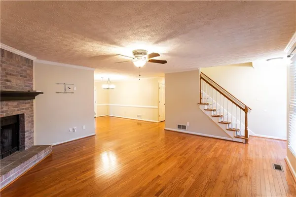 a living room with a fireplace