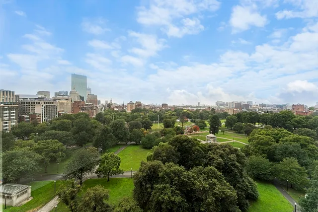 a view of a city with green space and mountain view in back