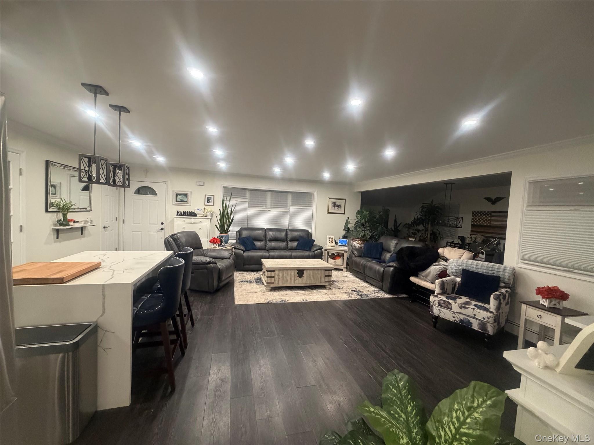 1580 North Jerusalem Road Merrick, NY 11566 - Photo 8 of 36 The living area features dark wood flooring, recessed lighting, and an open layout