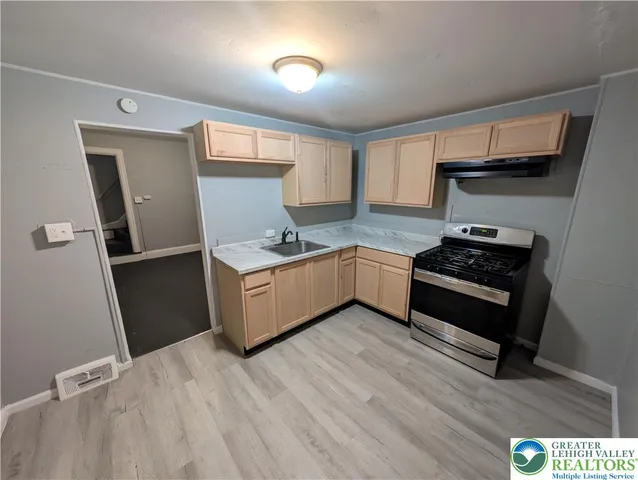 a kitchen with a sink a stove and refrigerator