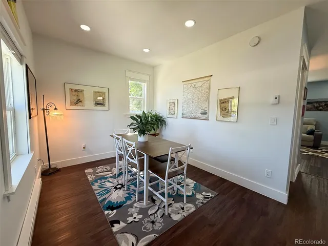 a view of a dining room with furniture and wooden floor