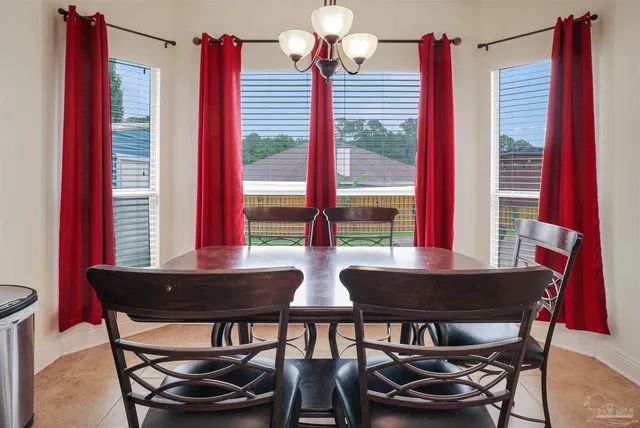 a view of a dining room with furniture and window