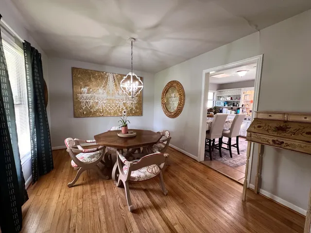 a view of a dining room with furniture and window