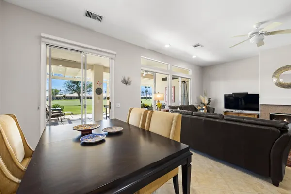 a view of a dining room with furniture