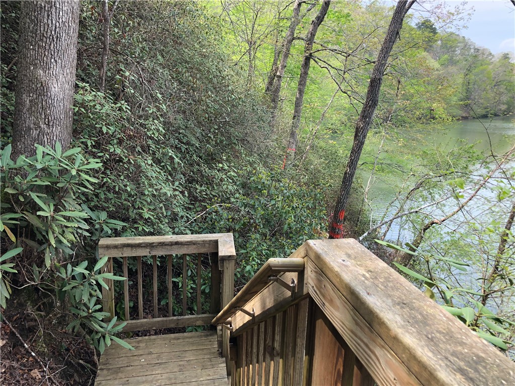 215 Ridge Road Westminster, SC 29693 - Photo 36 of 42 A wooden staircase leads to a serene waterfront with lush greenery and mature trees.