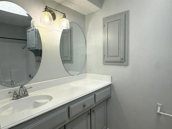 a bathroom with a sink mirror and vanity