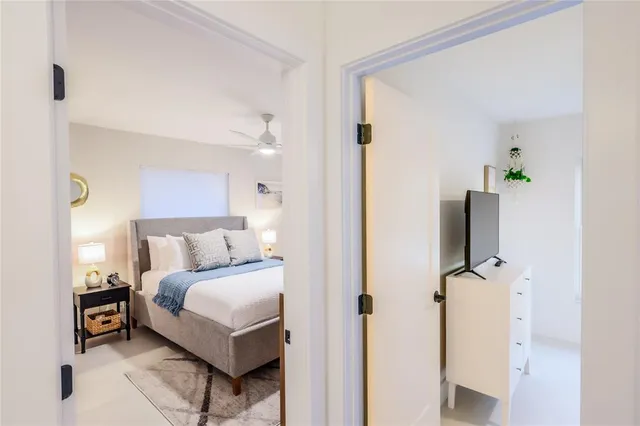 a bedroom with a bed and a flat tv screen on a dresser