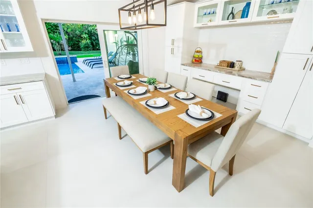 a view of a dining room that has a table and chairs in it