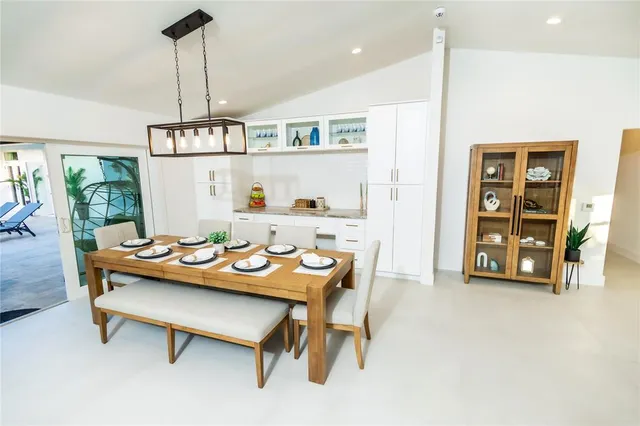 a view of a dining room with furniture