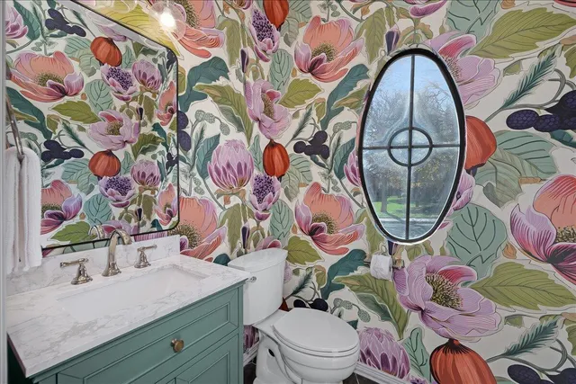 a bathroom with a sink mirror vanity and toilet