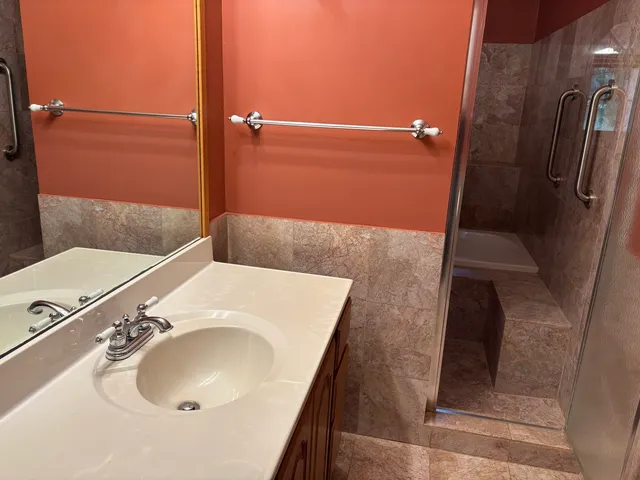 a bathroom with a sink and a mirror