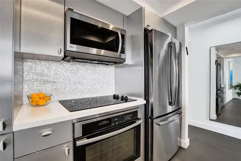 a kitchen with stainless steel appliances a stove and a microwave